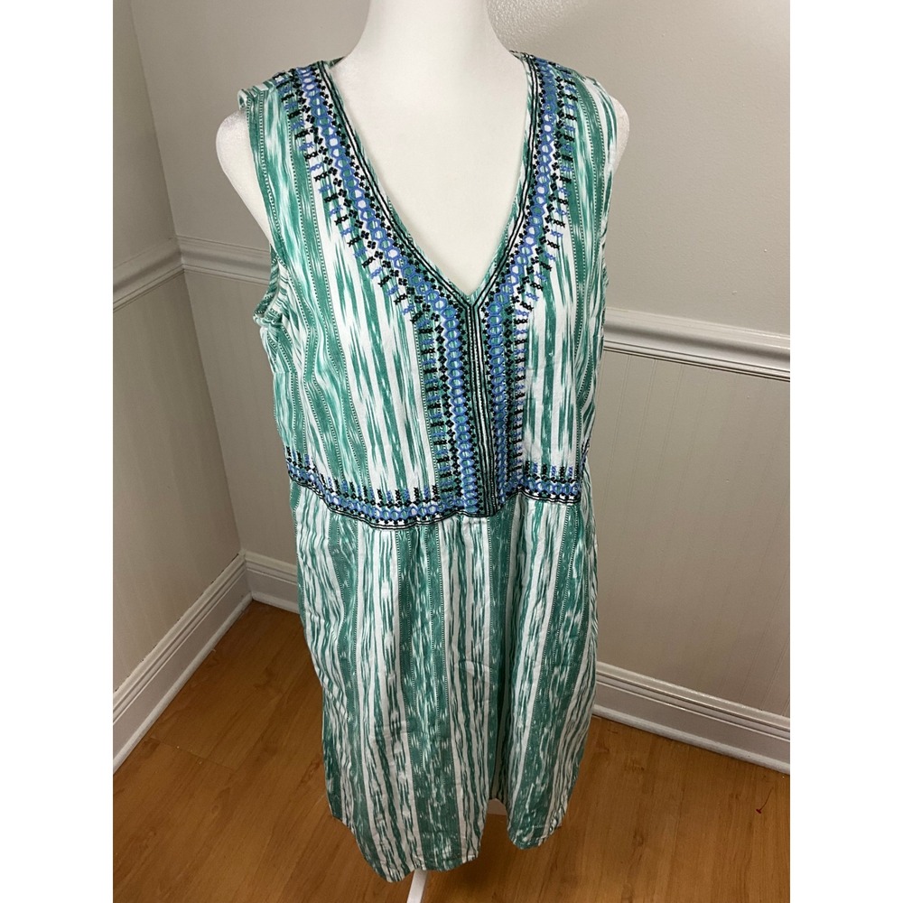 J Jill Green White Sleeveless Dress‎ Summer Embroidered V Neck Women Size S